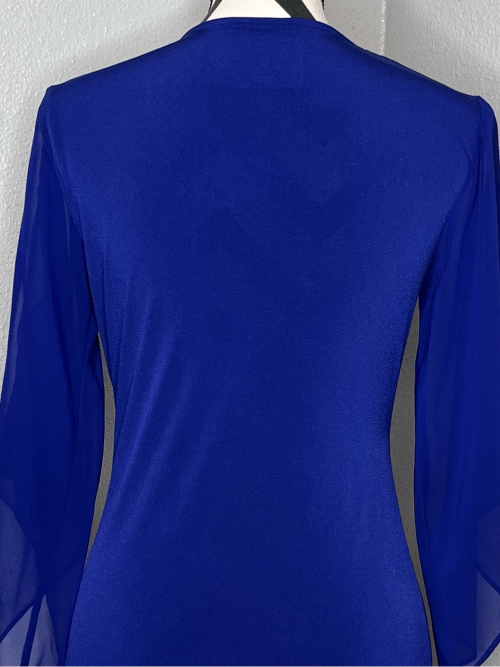 Royal Blue Sheer Bell-Sleeve V-Neck Faux Wrap Cocktail Evening Blouse Sz S - Picture 6 of 16